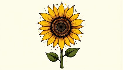 Bright yellow sunflower in full bloom with green stem and petals in a sunny field