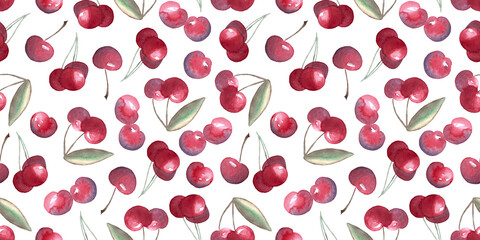seamless pattern of watercolor cherries elements, hand painted illustration on white background