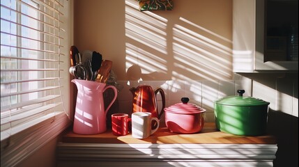 Kitchen countertop with colorful cookware and utensils illuminated by morning light