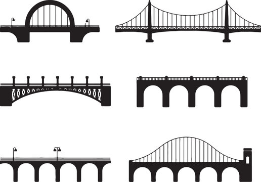 Fototapeta Collection of different bridge silhouettes black and white