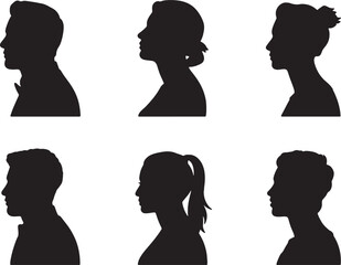 Six profile silhouettes men women diverse hair