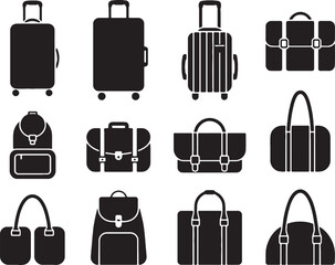 Black silhouettes of various travel bags and luggage
