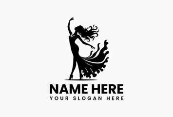 Elegant female dancer's silhouette in dynamic pose with flowing, artistic dress pattern. Dance and Art Concept