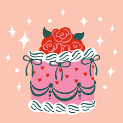 Cake in cute coquette style vector illustration. Hand drawn illustration for stickers, prints, wedding invitations.