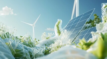 Solar panels and rotating wind turbines generating power beneath vivid blue sky. Renewable energy concept