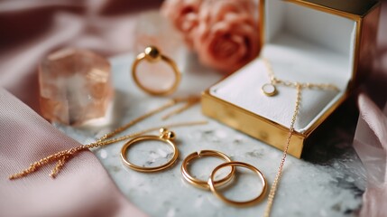 Elegant gold jewelry collection displayed on a marble surface with soft fabric and floral accents