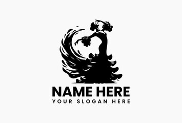 Elegant female dancer's silhouette in dynamic pose with flowing, artistic dress pattern. Dance and Art Concept