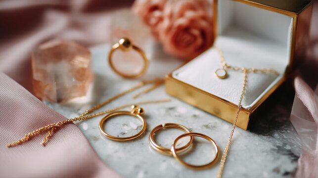 Elegant gold jewelry collection displayed on a marble surface with soft fabric and floral accents