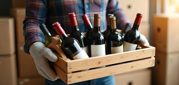 Man carries wooden crate with assorted wine bottles. Alcohol delivery service, online shop, wine store. Wine bottles ready for customer. Beverage industry, hospitality, food and beverage.
