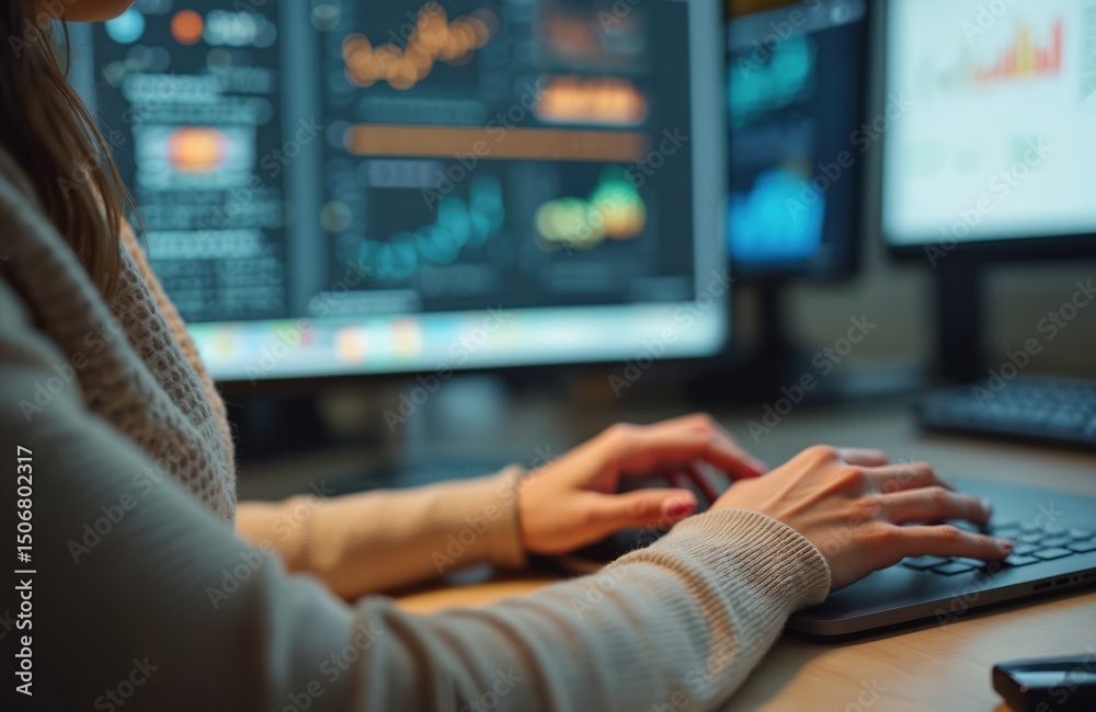 Aufkleber Woman works on programming dashboard, typing code on laptop keyboard. Programmer, software tester or analyst working with finance data charts on computer monitor. Online work.