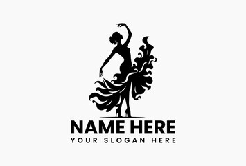 Graceful female dancer vector logo in motion with artistic flowing dress silhouette for dance art concept