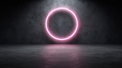 Glowing neon pink circle illuminates dark wall backdrop for captivating visual experience