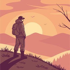 solo hiker watching sunrise from hilltop