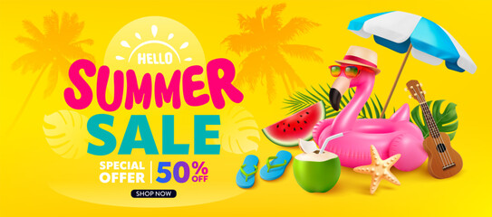 Fototapeta na wymiar Summer banner template with flamingo float,ukulele,coconut drink,beach umbrella,watermelon,starfish,palm leaves and Summer sale discount text on yellow background,Promotion template for summer sale