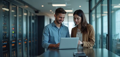 Plakat Two tech engineers discuss AI software in modern office. Smiling man, woman look at laptop computer, analyze system. Teamwork brainstorms AI project. Software development, cybersecurity.