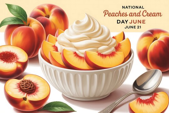 A bowl of peaches and cream with a spoon and peaches on the side for peaches and cream day - Powered by Adobe