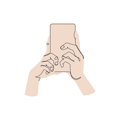 Hand hold mobile smartphone minimal one line drawing art isolated on white background. Smartphone surfing in Social Media, watching video continuous line art. Vector Illustration.