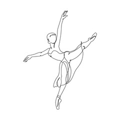 Dancing woman in motion continuous one line art drawing isolated on white background. Ballet dancer body freedom concept. Minimal ballerina poster print. Line draw design vector graphic illustration