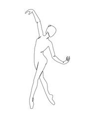 Dancing woman in motion continuous one line art drawing isolated on white background. Ballet dancer body freedom concept. Minimal ballerina poster print. Line draw design vector graphic illustration