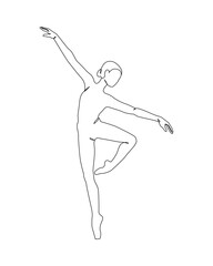 Dancing woman in motion continuous one line art drawing isolated on white background. Ballet dancer body freedom concept. Minimal ballerina poster print. Line draw design vector graphic illustration