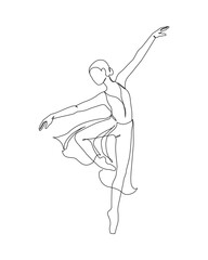 Dancing woman in motion continuous one line art drawing isolated on white background. Ballet dancer body freedom concept. Minimal ballerina poster print. Line draw design vector graphic illustration