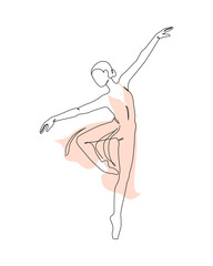 Dancing woman in motion continuous one line art drawing isolated on white background. Ballet dancer body freedom concept. Minimal ballerina poster print. Line draw design vector graphic illustration