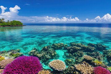 Vibrant coral reef in shallow, crystal-clear turquoise water near a tropical island under a sunny sky with fluffy white clouds