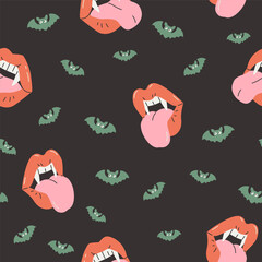 Cute bat, vampire lips seamless pattern. Happy Halloween party print: flying bat silhouettes, witch lips kiss Vector illustration for wrapping, kids fabric, holiday decoration, textile, backgrounds