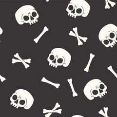 Cartoon funny skulls with bones, crossbones seamless pattern. Skull and bone background. Vector illustration. Spooky creepy Halloween concept for textile fabric design in modern fashion style