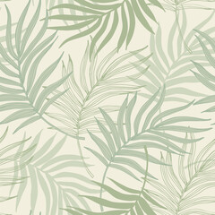 Abstract tropical foliage background in pastel green blue colors. Palm leaves in line art, grunge silhouette seamless pattern. Vector tropics illustration for swimwear design, wallpaper, textile