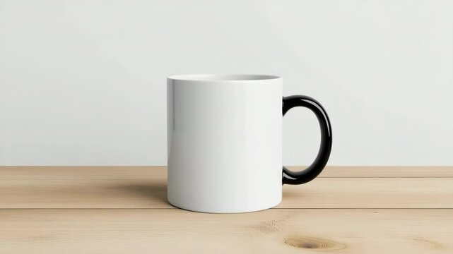 A white coffee mug with a black handle sits on a wooden table. The mug is empty and has a clean, minimalist design. The contrast between the white and black colors creates a modern