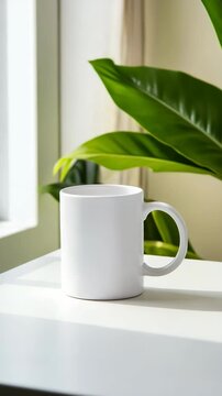 A white coffee mug sits on a table next to a plant. The mug is empty and the plant is green and leafy. Concept of calm and relaxation, as the mug and plant are both simple and uncluttered