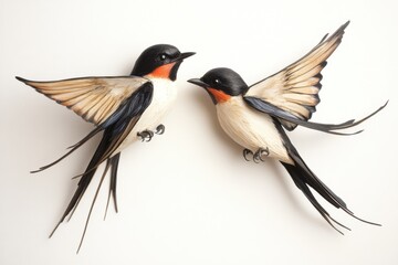 Swallows engage in a lively dance near an artistic display in a serene indoor setting amid soft lighting
