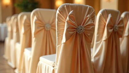 Elegant banquet chairs with creamy satin covers and decorative bows. Wedding reception decor in empty event hall. Luxurious design concept with nobody at table ready for celebration.