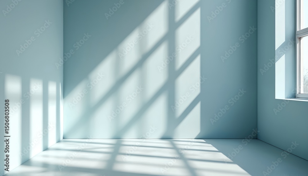 Poster Empty room with shadow patterns. Light, shadow play on walls. Abstract interior with window light, design concept. Architectural minimal, clean space, modern style.