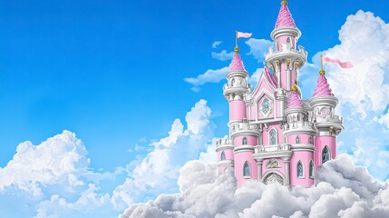 Pink Castle Floating on Clouds in a Blue Sky