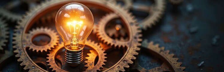 Illustration light bulb surrounded by gears. Symbolizes innovation driving business. Creative design, teamwork, digital transformation, problem solving, brainstorming new ideas.