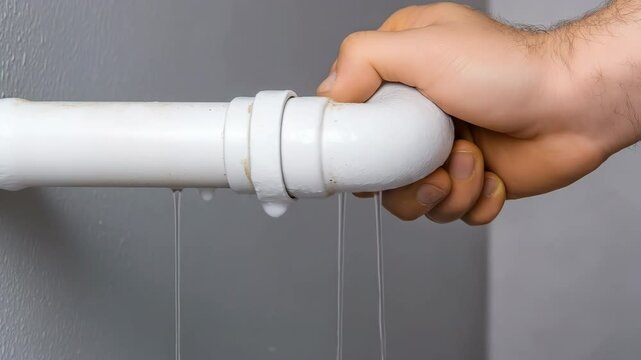 A hand is holding a pipe that is dripping water. Concept of urgency and the need for immediate action to fix the leak