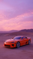 Sleek orange sports car parked in a desert landscape during sunset with colorful sky and distant mountains