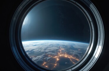 Fototapeta premium View distant planet through spaceship window. City lights on night side of planet, visible from space. Exploration of solar system, travel to other worlds, science tech future. Outer space adventure.