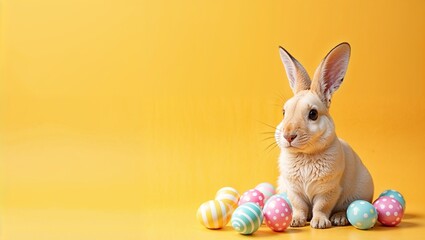 Cute Bunny with Colorful Easter Eggs on Orange Background – Space for Text

