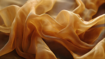 Fototapeta premium Luxurious close-up of crumpled orange and brown fabric radiating warmth and intricate texture