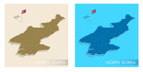 North Korea country flag installed on geographic positioning map point of country territory. DPRK commonwealth banner on land and sea. Festive patriotic HD format template for independence day