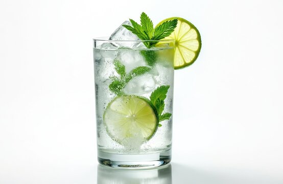 Refreshing gin tonic cocktail with lime slice and fresh mint garnish on white background. Cold drink with ice cubes, bubbles, suitable for summer party menu, bar advertising or restaurant design.