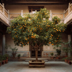 Obraz premium Vibrant orange tree stands majestically traditional courtyard, surrounded by lush greenery and decorative pots. bright oranges contrast beautifully with serene architecture, creating peaceful