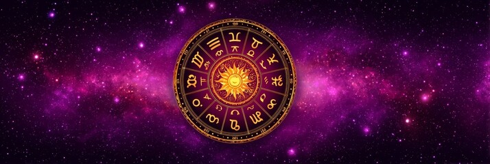 Zodiac Wheel in Purple Nebula - Mystical zodiac wheel set against a vibrant purple nebula background. Perfect for astrology, spirituality, and cosmic themes