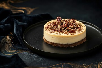 Pecan topped cheesecake on a dark plate.