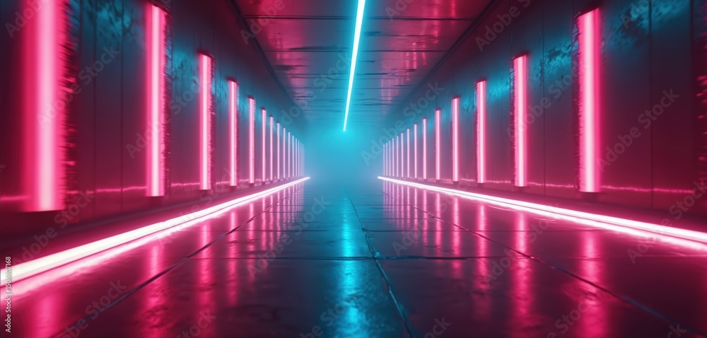 Aufkleber futuristic neon corridor with glowing lines. dynamic perspective, motion blur, reflecting light. abs