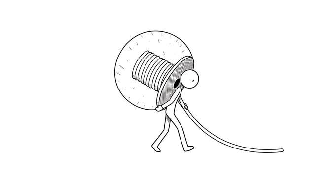 Cartoon stick figure carrying a large spool of thread on its bac