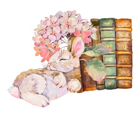 A cute beige rabbit sleeping beside vintage books among pink blooming hydrangea watercolor illustration for children vintage theme on white background